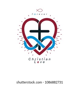 Everlasting Love of God vector creative symbol design combined with infinity endless loop and Christian Cross and heart, vector logo or sign.