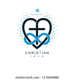 Everlasting Love of God vector creative symbol design combined with infinity endless loop and Christian Cross and heart, vector logo or sign.