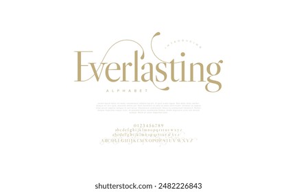 Letras y números de alfabeto elegantes y de lujo. tipografía de boda Antiguas classic serif font decorativo vintage retro. Ilustración vectorial creativa