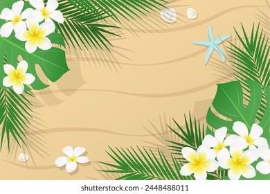 Plantas tropicales interminables y playa de arena background_Ilustración vectorial
