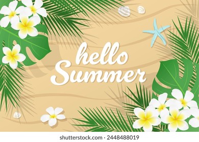 Everlasting tropical plants and sandy beach banner design_vector illustration
