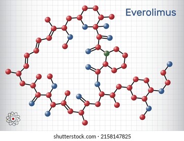 Everolimus molecule. It is derivative of Rapamycin (sirolimus), immunosuppressant to prevent rejection of organ transplants. Molecule model. Sheet of paper in a cage. Vector illustration