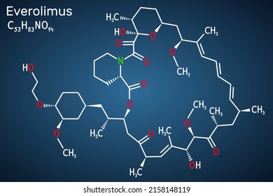 Everolimus molecule. It is derivative of Rapamycin (sirolimus), immunosuppressant to prevent rejection of organ transplants. Skeletal chemical formula on the dark blue background. Vector illustration