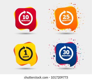 Every 10, 25, 30 minutes and 1 hour icons. Full rotation arrow symbols. Iterative process signs. Speech bubbles or chat symbols. Colored elements. Vector