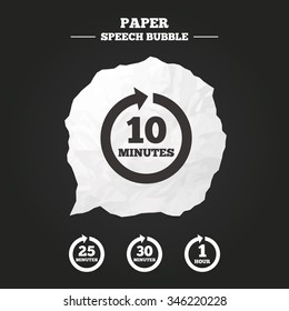 Every 10, 25, 30 minutes and 1 hour icons. Full rotation arrow symbols. Iterative process signs. Paper speech bubble with icon.