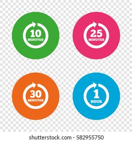 Every 10, 25, 30 minutes and 1 hour icons. Full rotation arrow symbols. Iterative process signs. Round buttons on transparent background. Vector