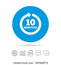 Every 10 minutes sign icon. Full rotation arrow symbol. Copy files, chat speech bubble and chart web icons. Vector