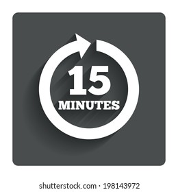 Every 15 minutes sign icon. Full rotation arrow symbol. Gray flat button with shadow. Modern UI website navigation. Vector