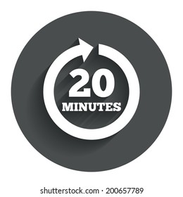Every 20 minutes sign icon. Full rotation arrow symbol. Circle flat button with shadow. Modern UI website navigation. Vector