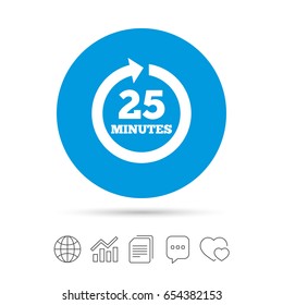 Every 25 minutes sign icon. Full rotation arrow symbol. Copy files, chat speech bubble and chart web icons. Vector