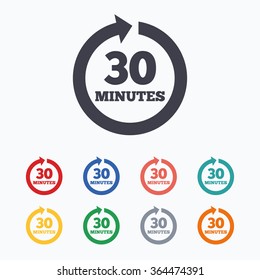 Every 30 minutes sign icon. Full rotation arrow symbol. Colored flat icons on white background.