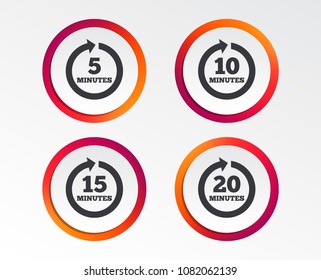 Every 5, 10, 15 and 20 minutes icons. Full rotation arrow symbols. Iterative process signs. Infographic design buttons. Circle templates. Vector