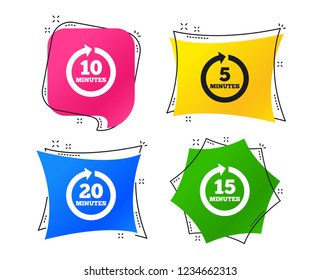 Every 5, 10, 15 and 20 minutes icons. Full rotation arrow symbols. Iterative process signs. Geometric colorful tags. Banners with flat icons. Trendy design. Vector