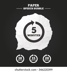 Every 5, 10, 15 and 20 minutes icons. Full rotation arrow symbols. Iterative process signs. Paper speech bubble with icon.