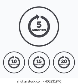 Every 5, 10, 15 and 20 minutes icons. Full rotation arrow symbols. Iterative process signs. Icons in circles.