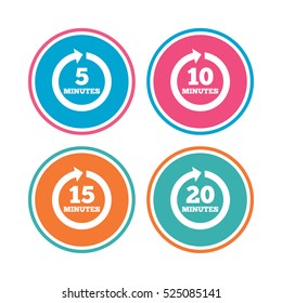 Every 5, 10, 15 and 20 minutes icons. Full rotation arrow symbols. Iterative process signs. Colored circle buttons. Vector
