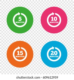 Every 5, 10, 15 and 20 minutes icons. Full rotation arrow symbols. Iterative process signs. Round buttons on transparent background. Vector