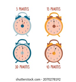 Alle 5, 15, 30 und 45 Minuten Uhren-Symbole. Pfeilsymbole mit voller Drehung. Iterative Prozesszeichen. Flache Symbole auf Weiß. Vektorgrafik