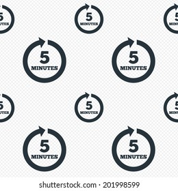 Every 5 minutes sign icon. Full rotation arrow symbol. Seamless grid lines texture. Cells repeating pattern. White texture background. Vector