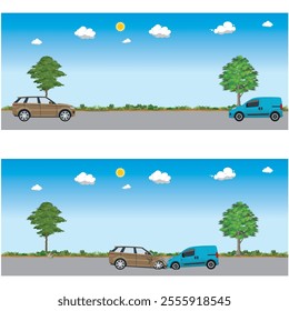 For every action force there is an equal and opposite reaction force. Both cars have the same mass, their forces is equal. Both cars stop at the spot of the collision.