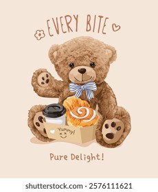 every bite pure delight slogan with bear doll and bakery box vector illustration