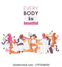 Every body is beautiful. Isolated on white feminism and self acceptance poster with various women in white swimsuits