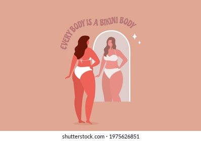 Every body is a bikini body. Self love. Woman looking at the mirror. Vector