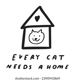 Every cat needs a home. Handwriting phrase. Pet adoption concept. Hand drawn vector outline illustration on white background. Black color.