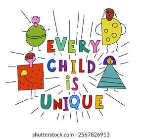 Every child is unique. Neurodiverse kids. Human experience diversity. Neurodiversity, autism acceptance. Differences in personality characteristics. Landscape print. Colorful vector illustration