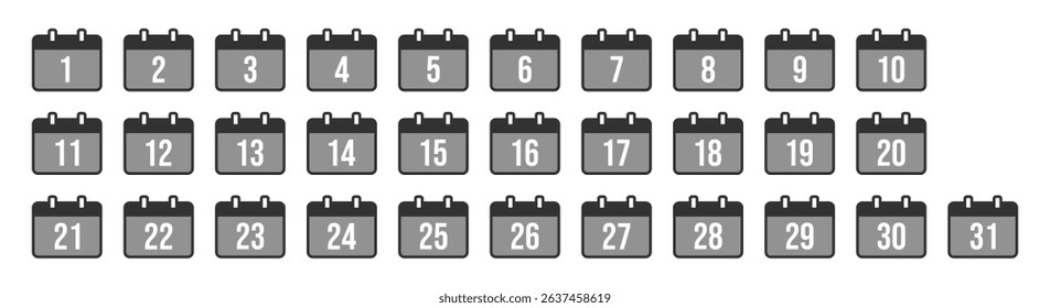 Every Day Calendar Icons Set. Modern Minimal Vector Design for All 31 Days on Transparent Background