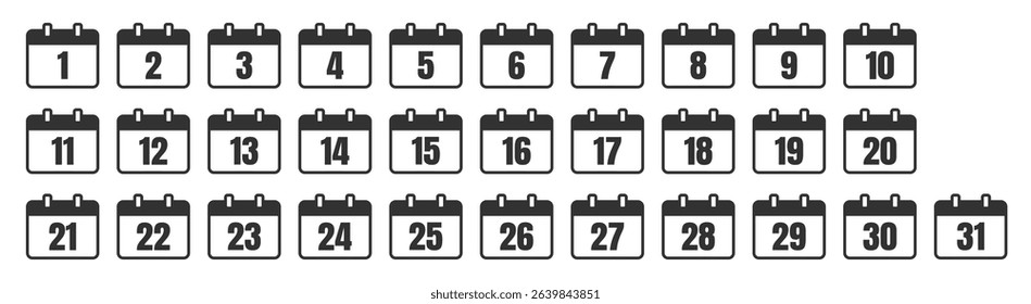 Every Day Calendar Icons Set. Modern Minimal Vector Design for All 31 Days on Transparent Background