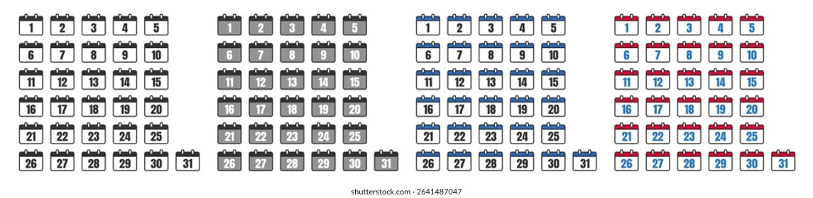 Every Day Calendar Icons Set. Modern Minimal Vector Design for All 31 Days on Transparent Background
