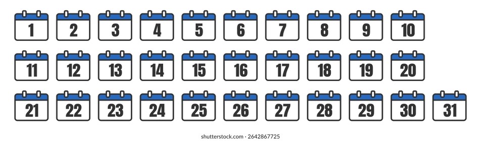 Every Day Calendar Icons Set. Modern Minimal Vector Design for All 31 Days on Transparent Background