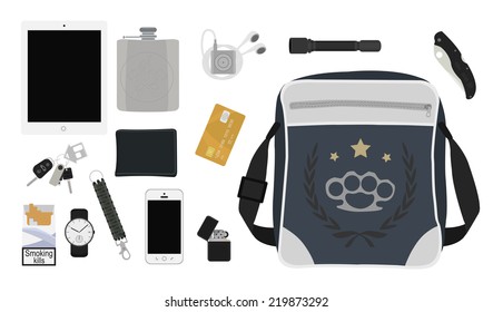 Every day carry man items collection: tablet computer, flask, mp3 player, flashlight, pocket knife, bag, lighter, mobile phone, bracelet, watch, cigarettes, keys, usb, wallet, credit card. No outline