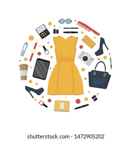 Every day carry, outfit and accessories for women in flat style. Vector illustration  in chape of circle.
