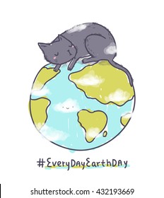 Día de la Tierra todos los días - concepto divertido con gato durmiente en Earth Globe.