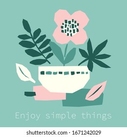 Every day Enjoy Simple Things motivation as creative trendy abstract paper cut out collage background in minimal flat style with simple hand drawn shapes ideal for social media templates, neutral colors