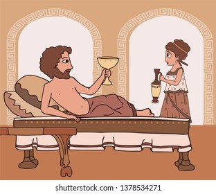 every day life in Ancient Greece, man drinking wine lying on the bed, woman bringing jug, vector cartoon historic scene svg