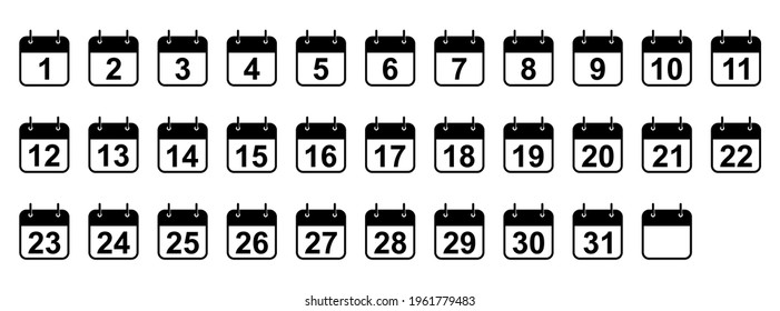 Every day of a month calendar icons. Set of black calendar icons. Vector illustration. Isolated calendar icons on white background
