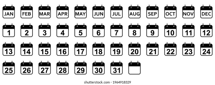 Every day and month of a year calendar icons. Set of black calendar icons. Vector illustration. Isolated calendar icons on white background