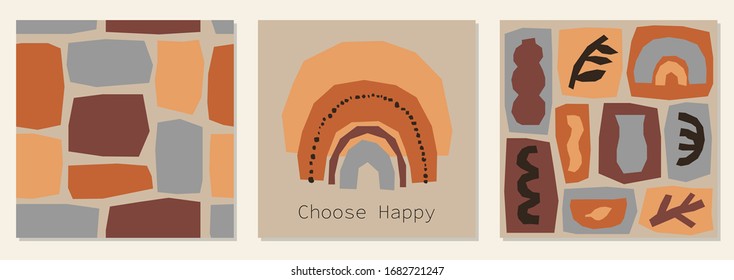 Every day motivation as set of creative trendy abstract collage backgrounds in minimal flat style with simple hand drawn shapes ideal for social media templates, neutral colors for your decoration
