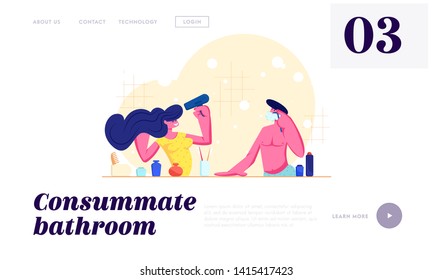 Every Day Routine, Hygiene. Loving Couple Morning Procedure. Girl Drying Hair with Fan, Man Shaving in Bathroom. Love Relations Website Landing Page, Web Page. Cartoon Flat Vector Illustration, Banner