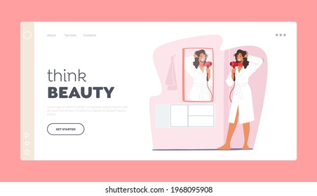 Every Day Routine Landing Page Template. Morning Hygiene in Bathroom. Young Woman Stand in front of Mirror Drying Wet Hair with Hairdryer after Having Bath or Shower. Cartoon Vector Illustration