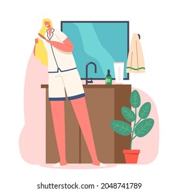 Cada Día, Concepto De Procedimiento De Higiene De La Mañana. Joven mujer adorable parada frente al espejo en el baño Comb Long Hair con cepillo después de tener baño o ducha. Ilustración del vector de dibujos animados