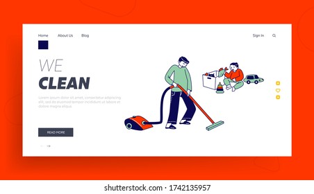 Every Day Routine, Weekend Chores Landing Page Template. Boy Character Doing Domestic Work Cleaning Floor Baby Sitting on Carpet. Child Helper Vacuuming with Vacuum Cleaner. Linear Vector Illustration