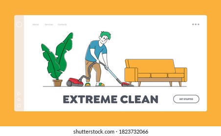 Every Day Routine, Weekend Chores Landing Page Template. Character Vacuuming Home with Vacuum Cleaner in Room. Young Man Doing Domestic Work, Cleaning Floor under Sofa. Linear Vector Illustration
