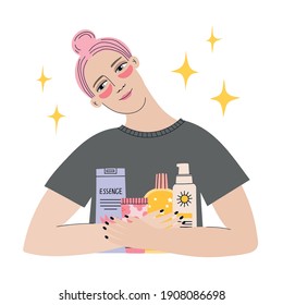 Every day skin care routine. Pretty girl with eye patches and beauty products. Skin care concept. Cleansing, moisturizing, treating. Hand drawn vector illustration. Cartoon style. Beauty shopping