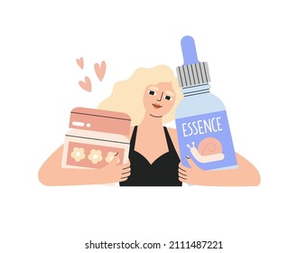 Every day skin care routine. Pretty girl hugs face cream and essence. Korean cosmetics. Cleansing, moisturizing, treating. Hand drawn vector illustration. Cartoon style. Beauty shopping and sale