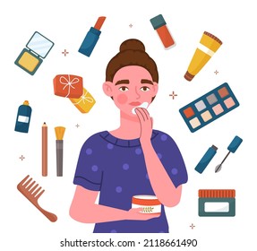 Concepto abstracto de rutina de cuidado de la piel cada día. Joven rodeada de productos de belleza aplica crema hidratante de frasco a su cara. Tratamiento y belleza de la derma. Dibujo vectorial plano de dibujos animados