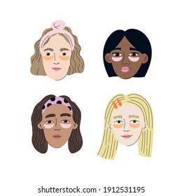 Every day skin care routine.Pretty girls with eye patches. Skin care concept. Cleansing, moisturizing, treating. Hand drawn vector illustration. Cartoon style. Flat design